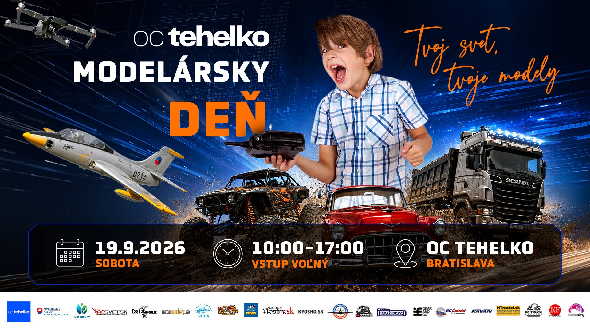 Modelársky deň v oc tehelko Bratislava – RC autá, kamióny, lietadlá a drony – 19. septembra 2026-banner